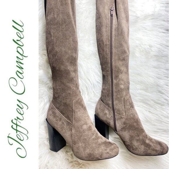 NWT JEFFREY CAMPBELL Perouze Over-The-Knee Faux Suede Block Heel Boots Taupe 8.5 - Picture 6 of 16